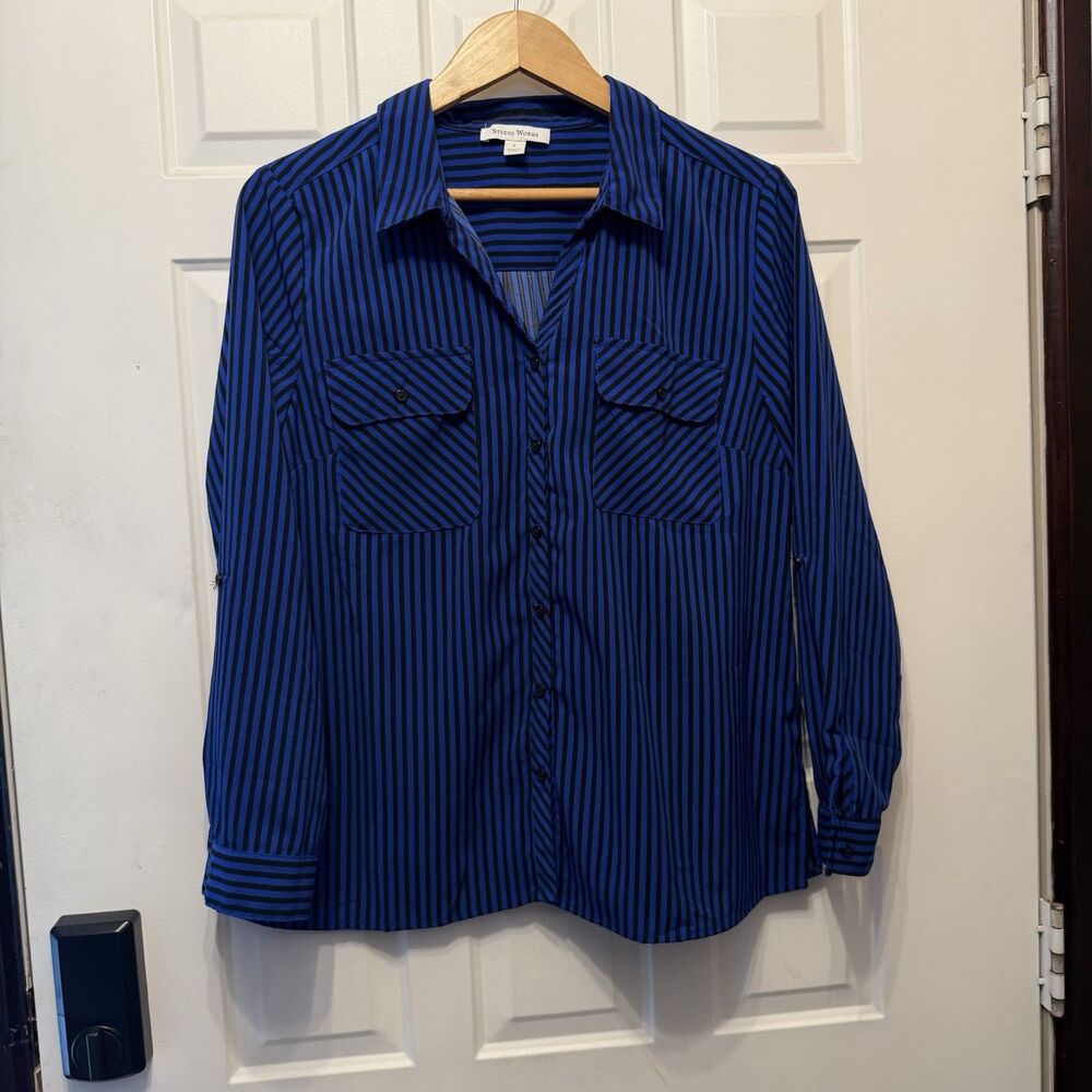 Studio Works Womens L Royal Blue Black Striped Button Down Blouse Roll Tab